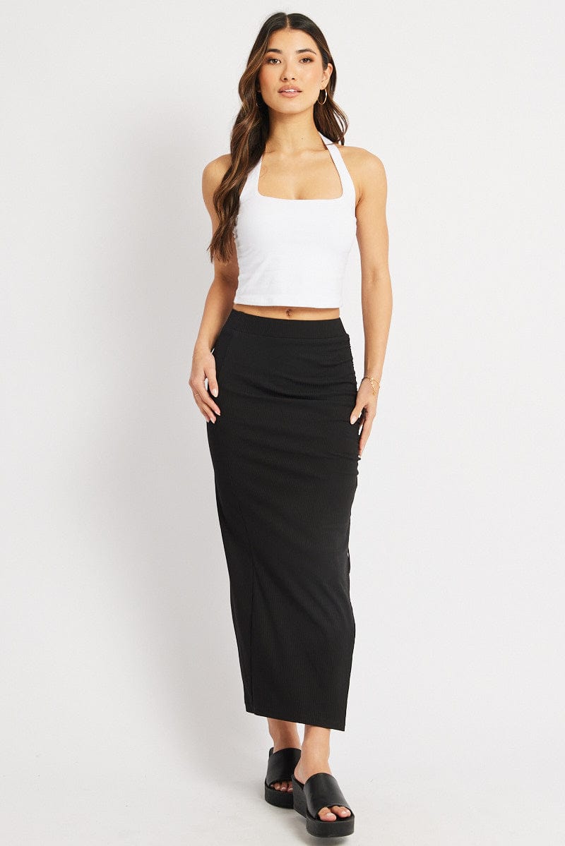 Black Midi Skirt High Rise Side Ruched Elastic Waistband for Ally Fashion