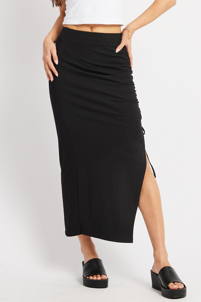 Black Midi Skirt High Rise Side Ruched Elastic Waistband for Ally Fashion