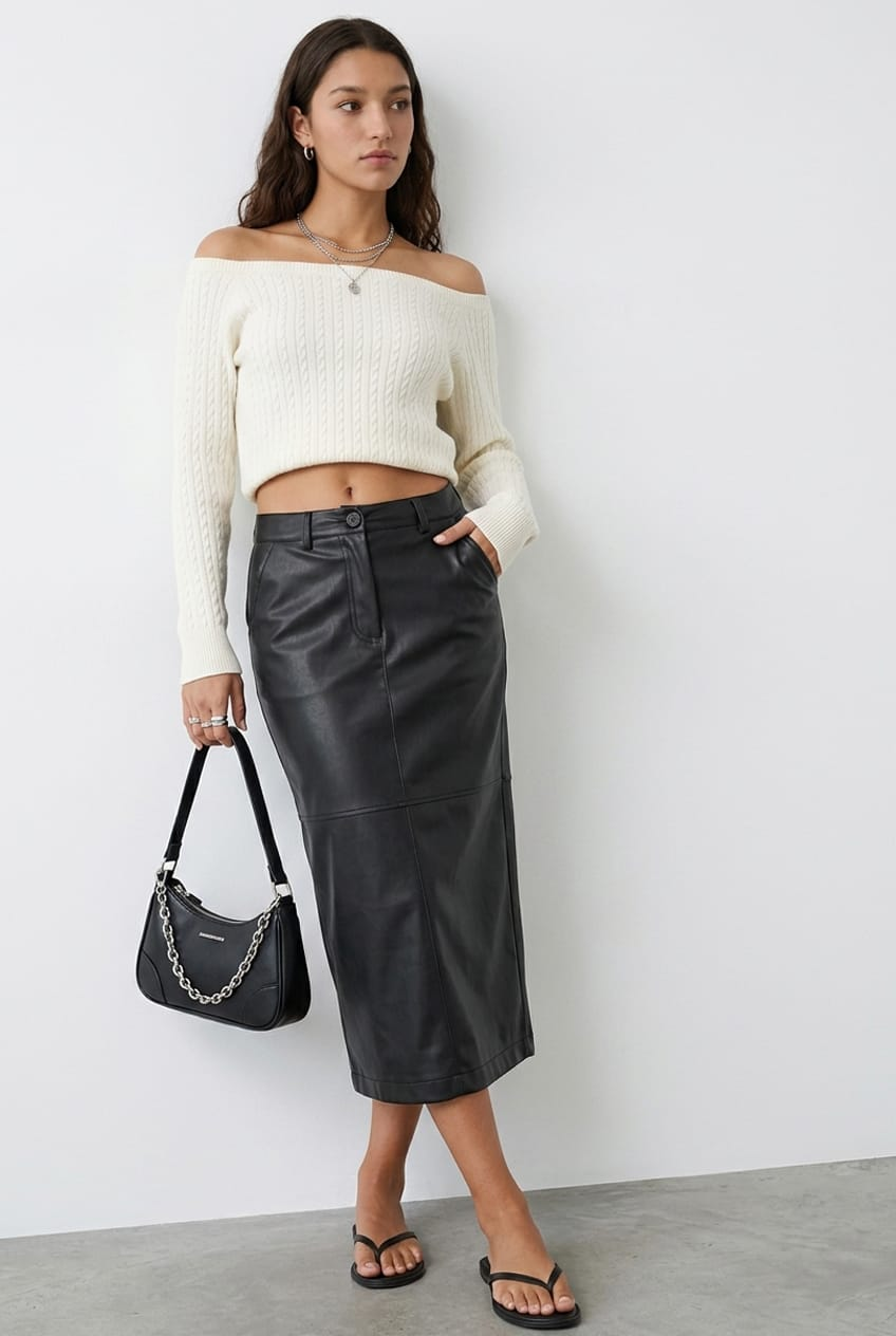 Black Pu Maxi Skirt Pencil Back Slit Faux Leather for Ally Fashion