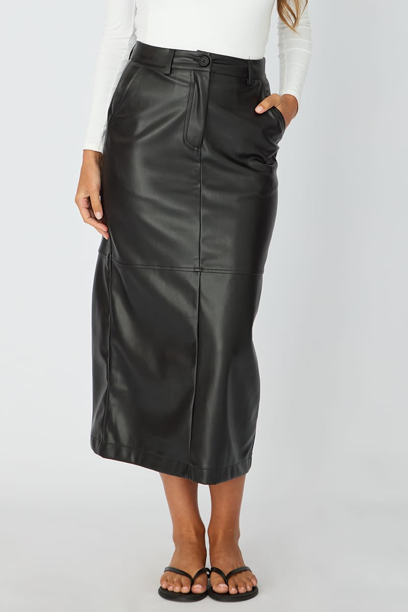 Black Pu Maxi Skirt Pencil Back Slit Faux Leather for Ally Fashion