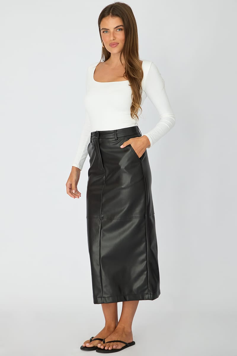 Black Pu Maxi Skirt Pencil Back Slit Faux Leather for Ally Fashion