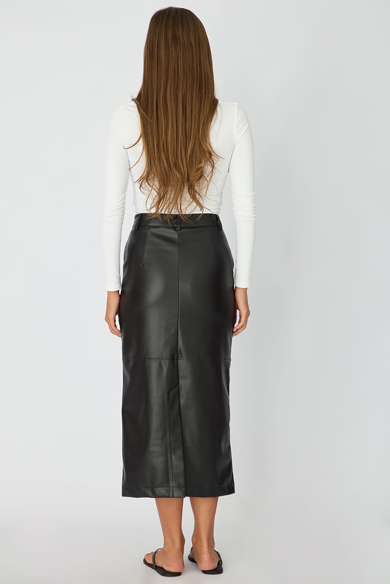Black Pu Maxi Skirt Pencil Back Slit Faux Leather for Ally Fashion