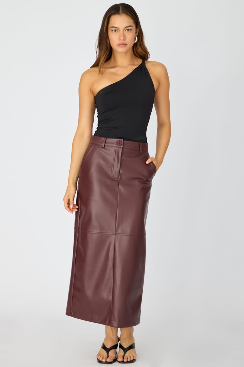 Red Pu Maxi Skirt Pencil Back Slit Faux Leather for Ally Fashion
