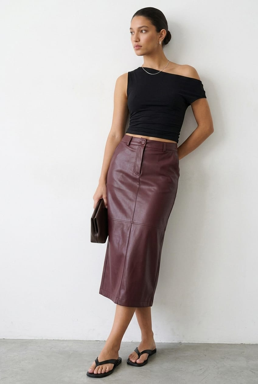 Red Pu Maxi Skirt Pencil Back-Slit Faux-Leather from Ally Fashion