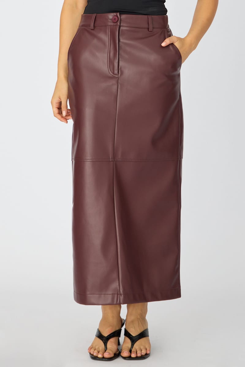 Red Pu Maxi Skirt Pencil Back Slit Faux Leather for Ally Fashion