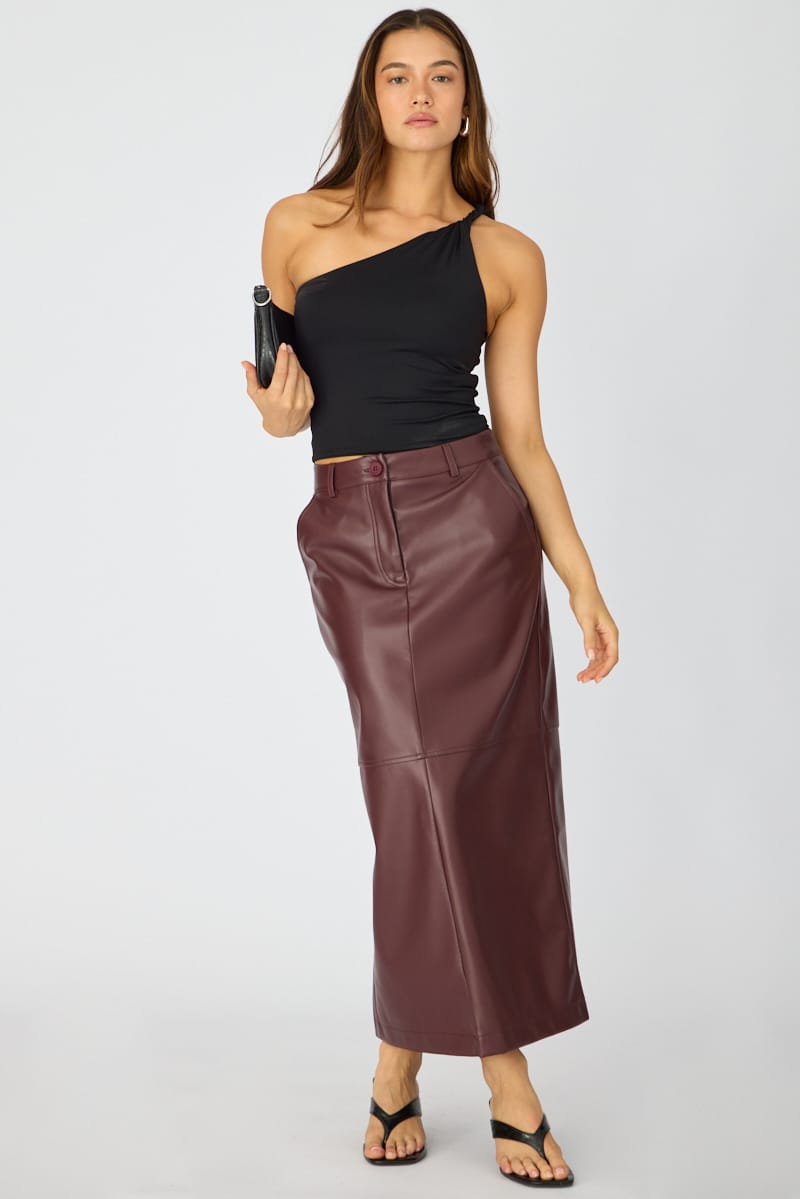 Red Pu Maxi Skirt Pencil Back Slit Faux Leather for Ally Fashion