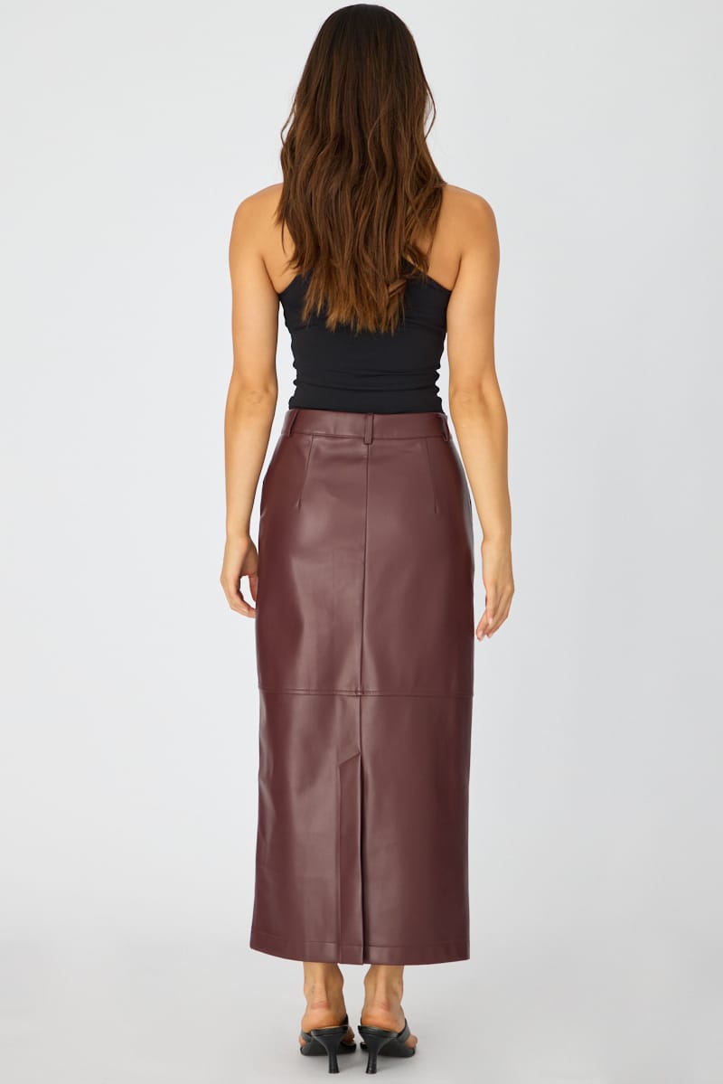 Red Pu Maxi Skirt Pencil Back Slit Faux Leather for Ally Fashion