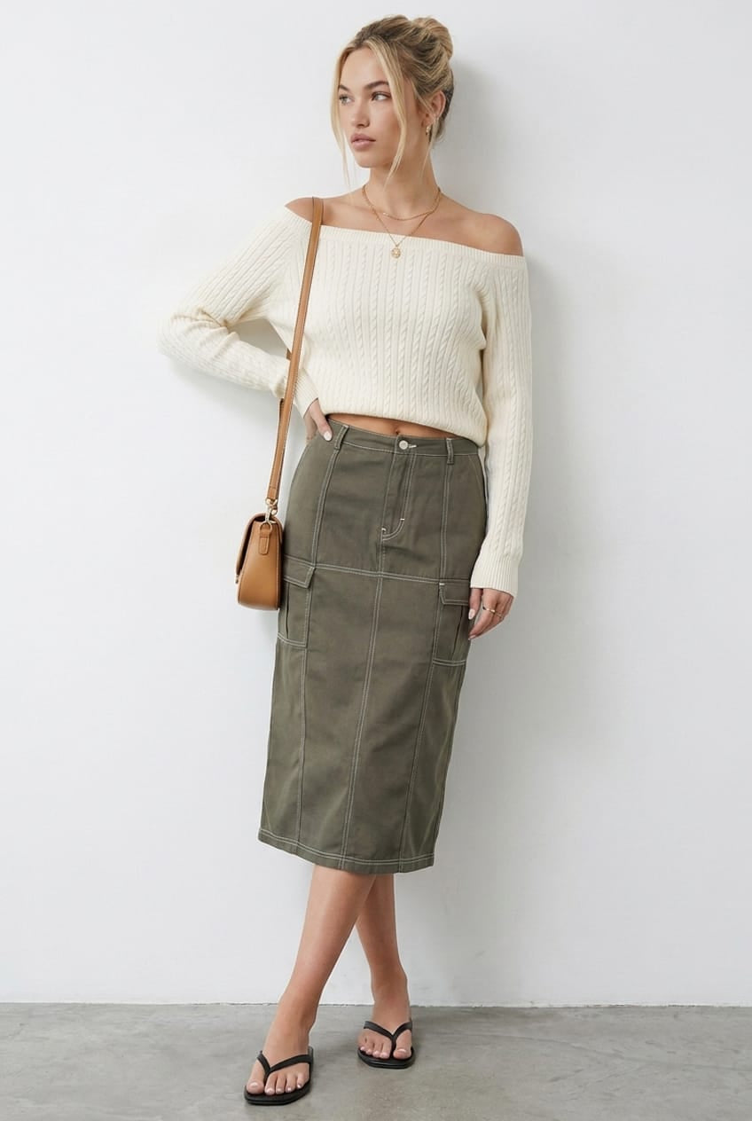 Grey Cargo Skirt Mid Rise Contrast Detail Utility
