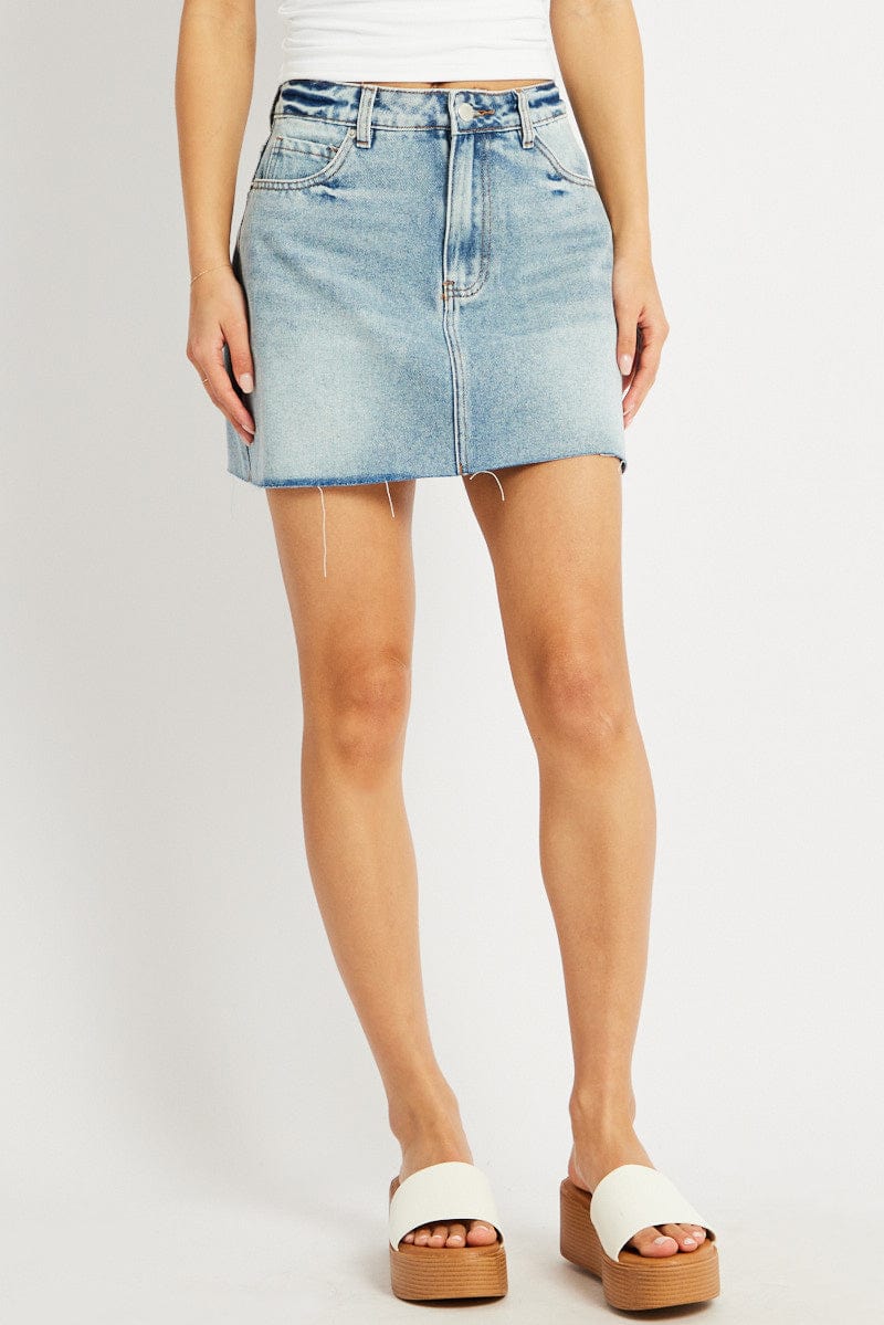 Denim Denim Mini Skirt Mid Rise Raw Edge for Ally Fashion