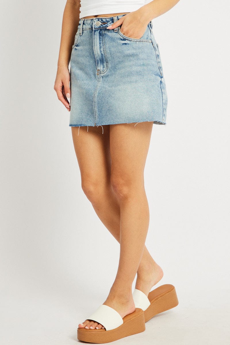 Denim Denim Mini Skirt Mid Rise Raw Edge for Ally Fashion