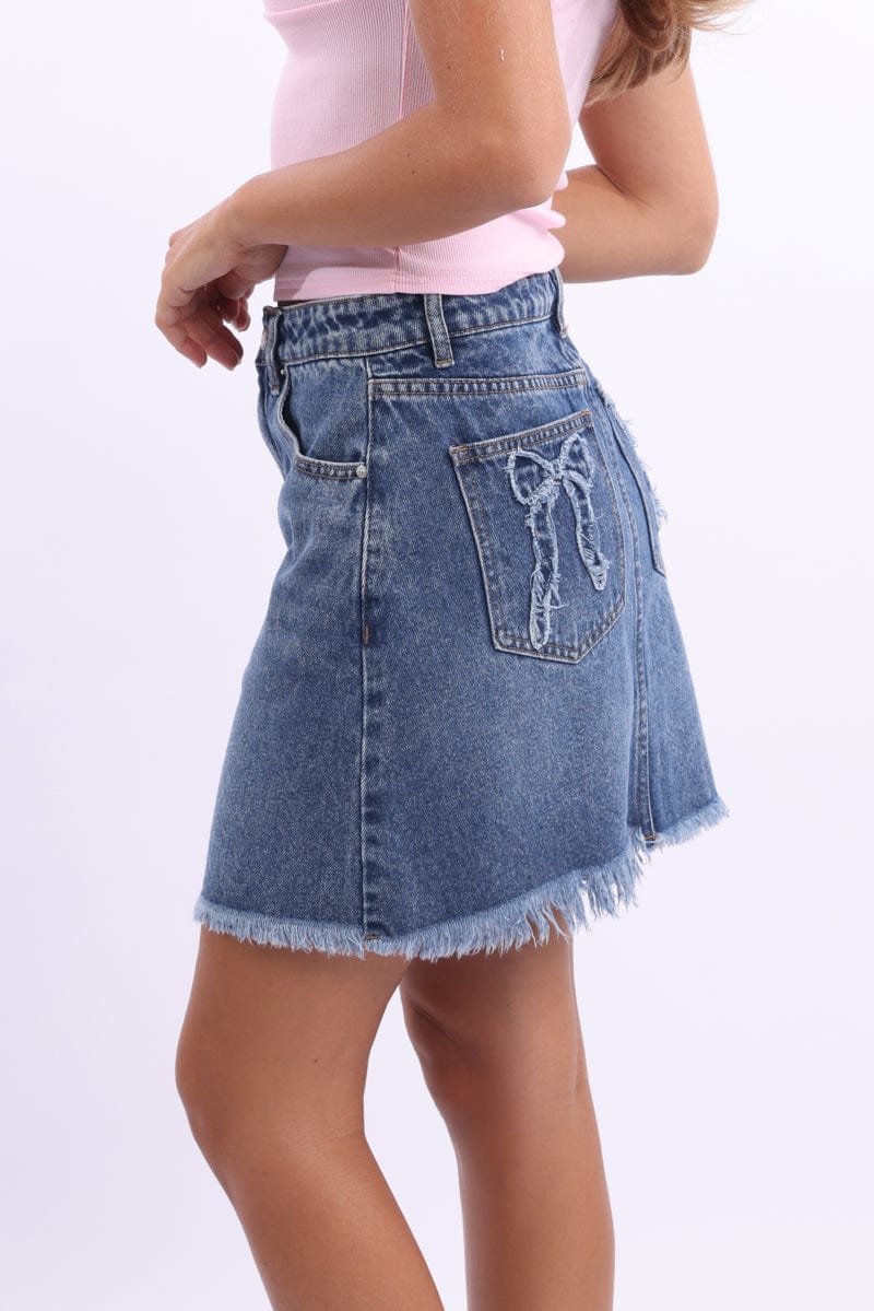 Denim Mini Skirt Mid Rise Relaxed Fit Bow Pocket Detail for Ally Fashion