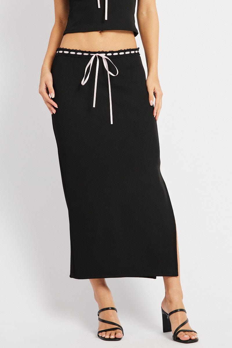 Black Midi Skirt High Rise Lace Detail Rib Jersey for Ally Fashion