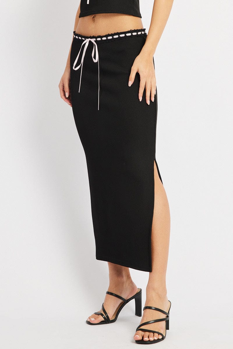 Black Midi Skirt High Rise Lace Detail Rib Jersey for Ally Fashion