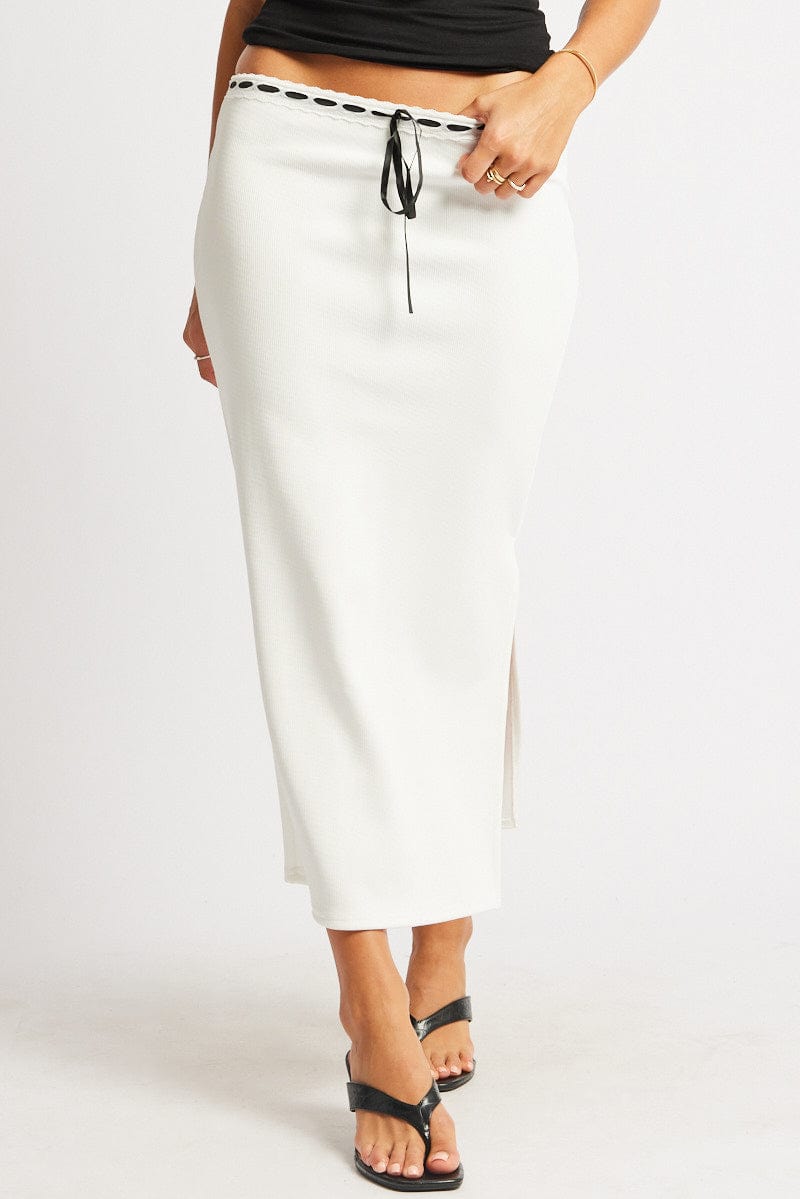 White Midi Skirt High Rise Lace Detail Rib Jersey for Ally Fashion