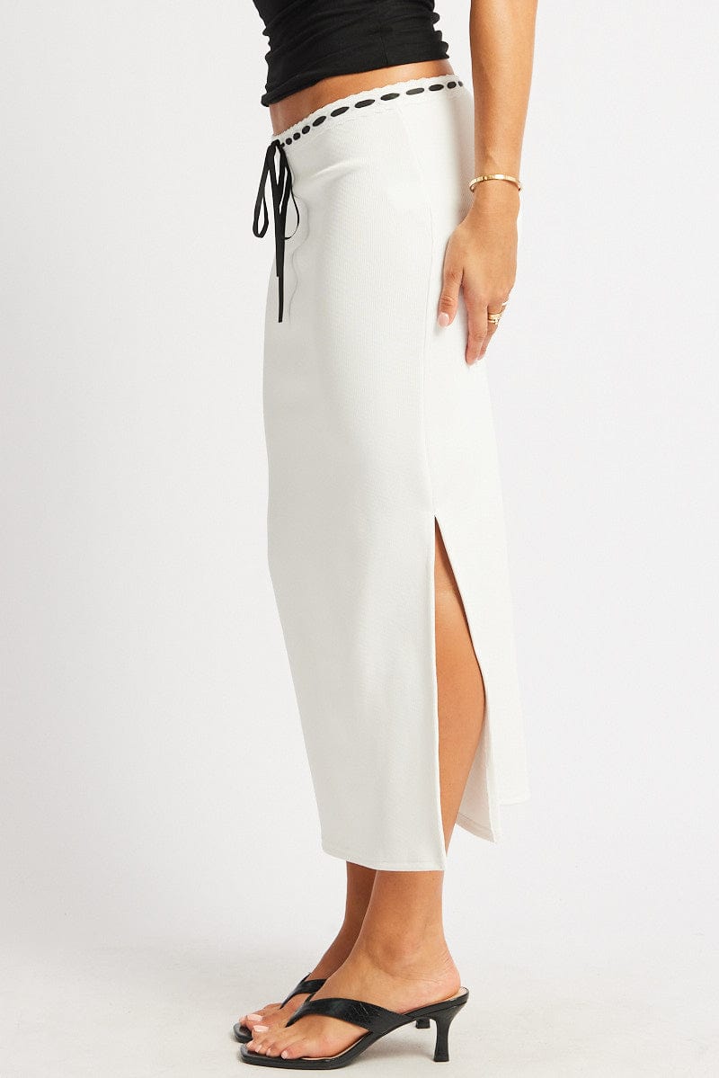 White Midi Skirt High Rise Lace Detail Rib Jersey for Ally Fashion