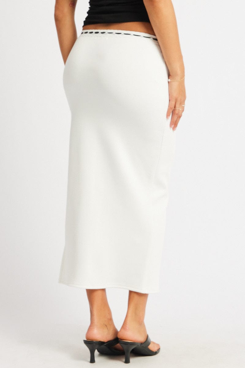 White Midi Skirt High Rise Lace Detail Rib Jersey for Ally Fashion