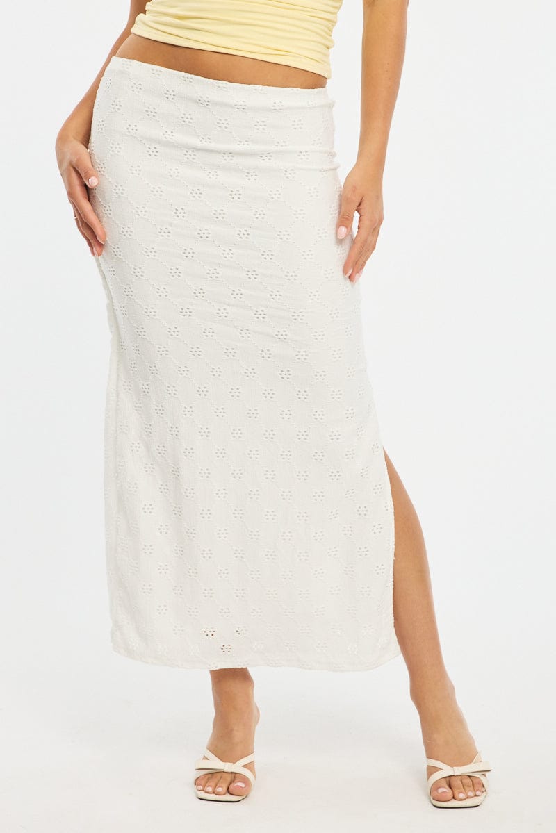 White Midaxi Skirt Elastic Waisthigh Rise Stretch Eyelet for Ally Fashion