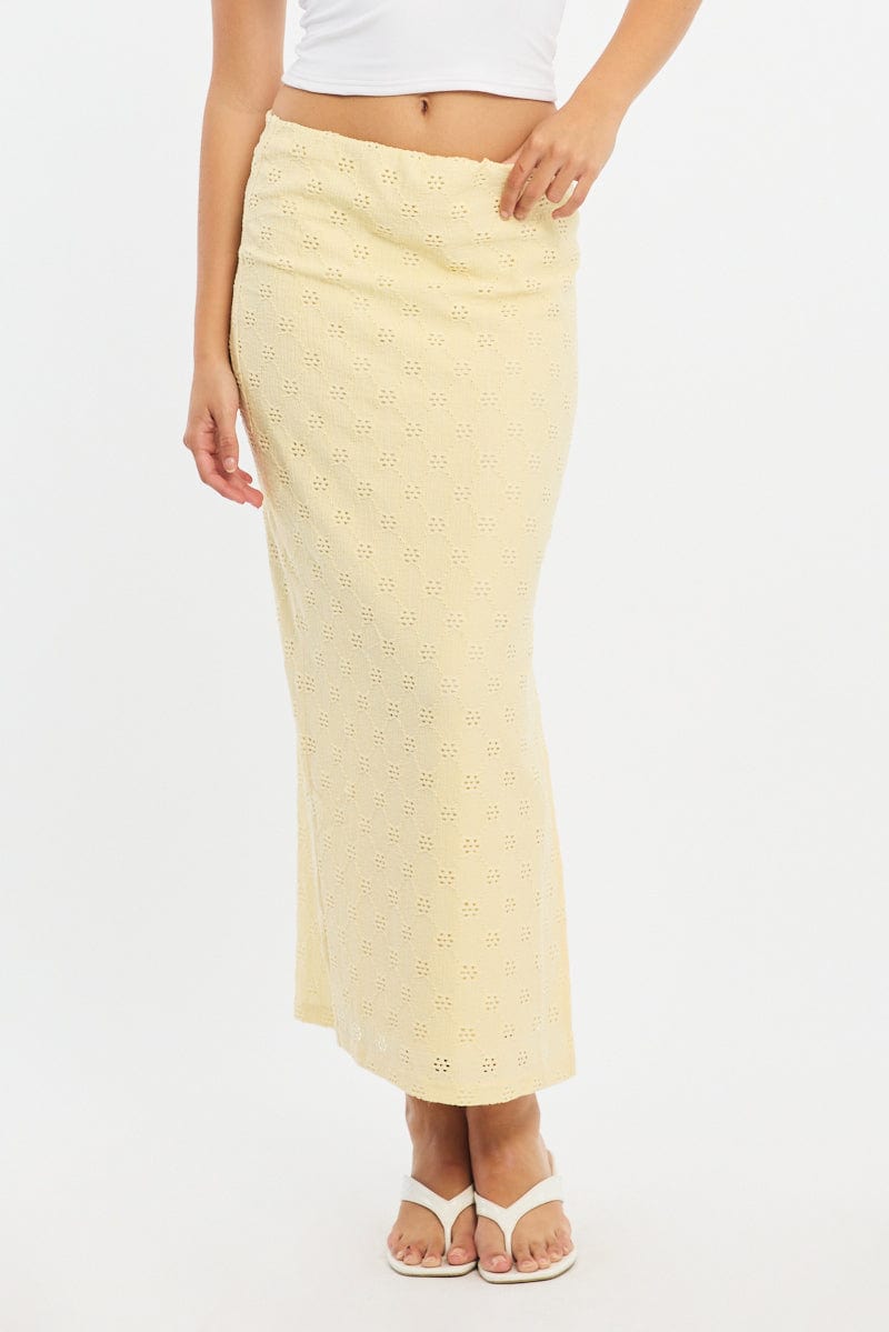 Yellow Midaxi Skirt Elastic Waisthigh Rise Stretch Eyelet for Ally Fashion