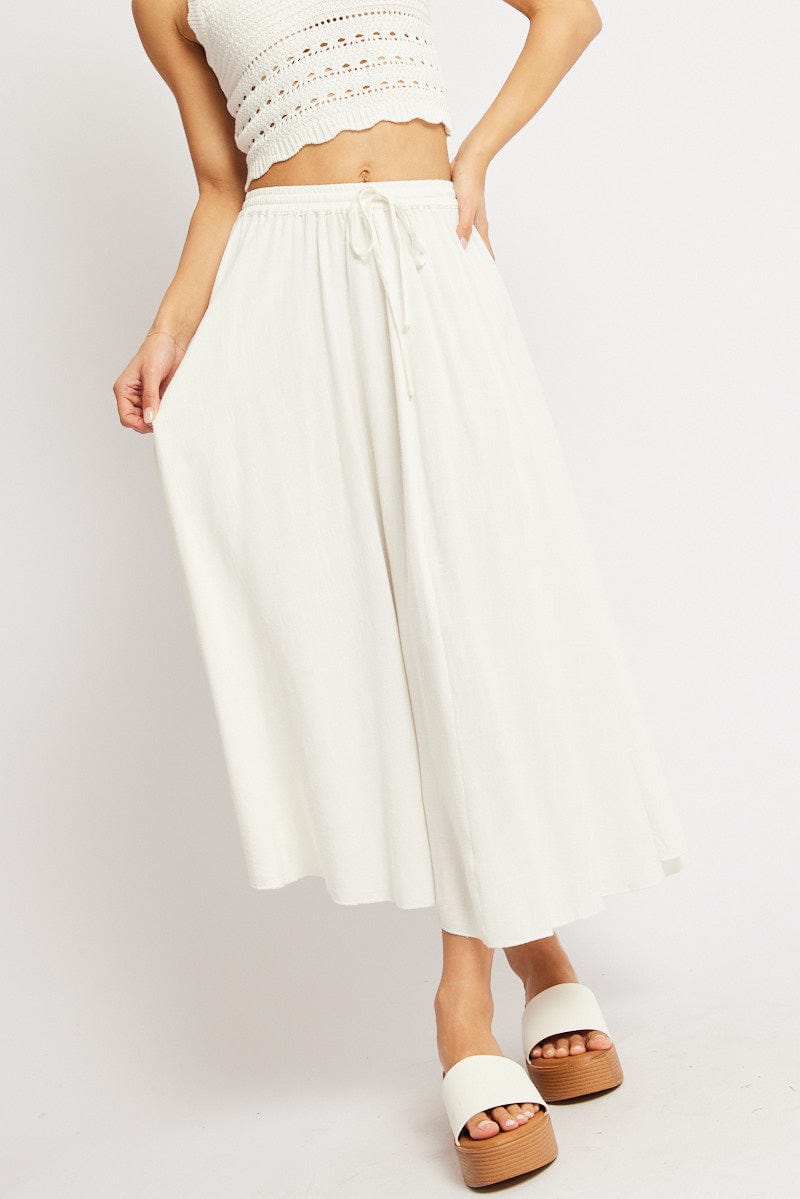 White Midaxi Skirt High Rise Volume Linen Blend for Ally Fashion