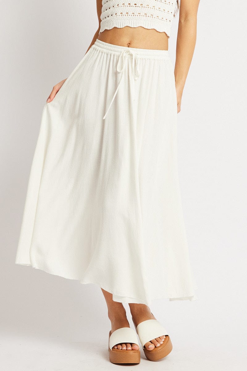 White Midaxi Skirt High Rise Volume Linen Blend for Ally Fashion