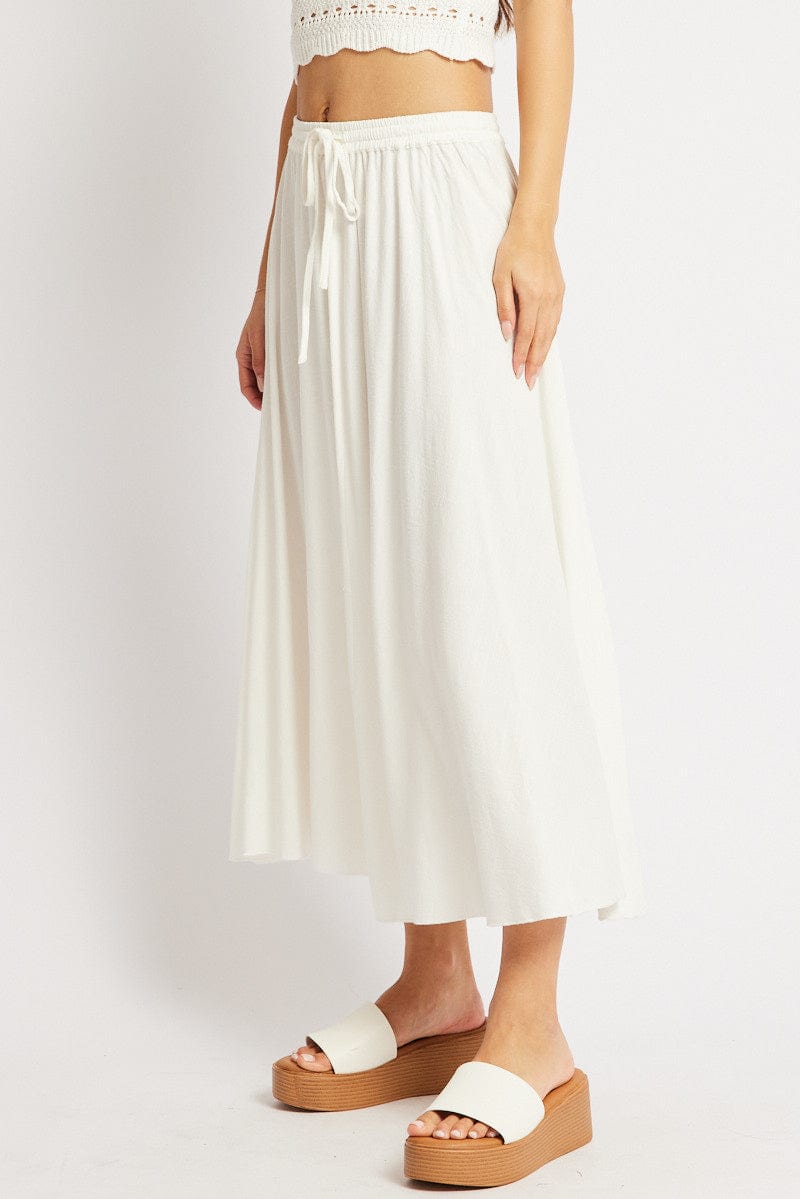 White Midaxi Skirt High Rise Volume Linen Blend for Ally Fashion