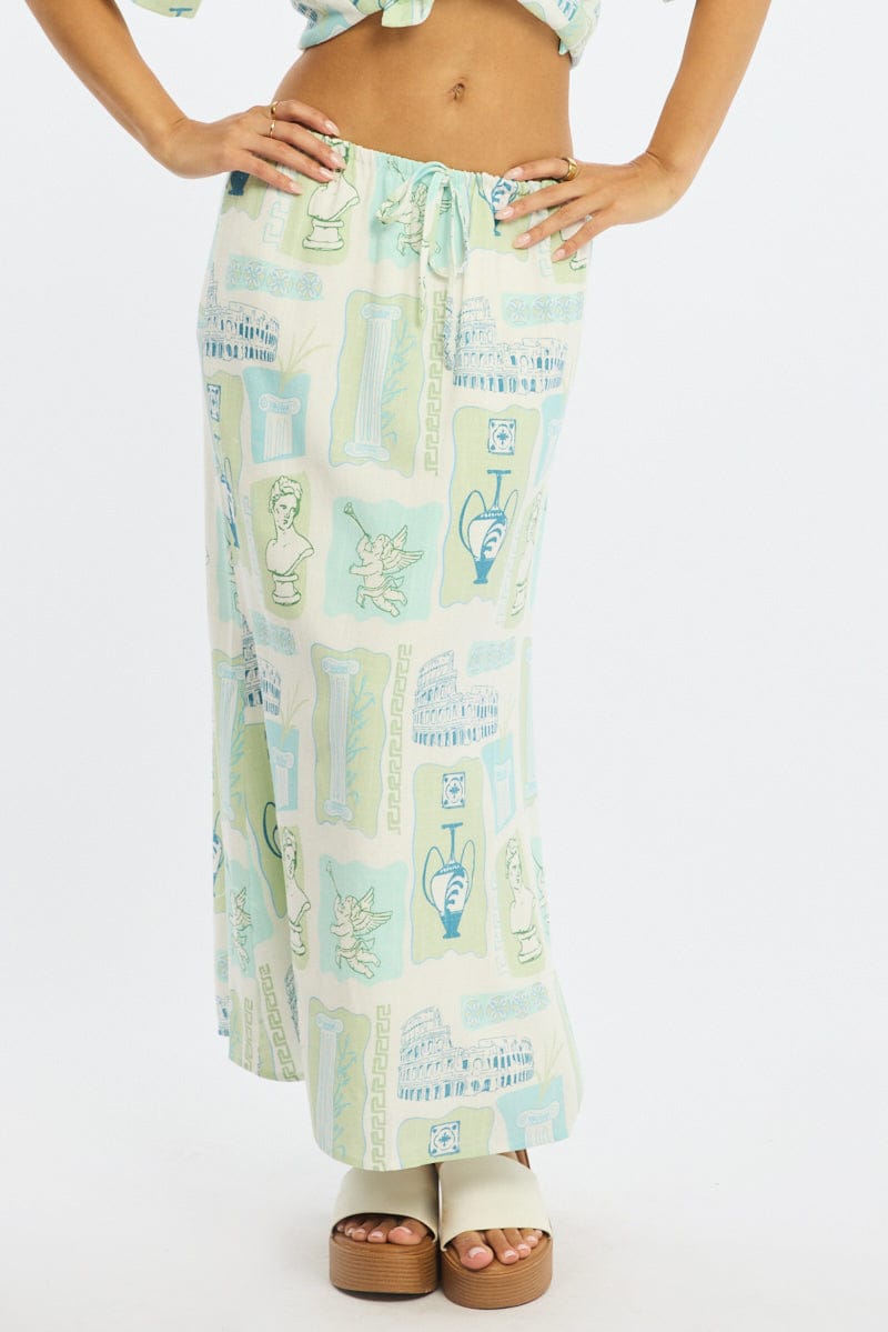Green Abstract Midaxi Skirt Relaxed Fit Elastic Waist for Ally Fashion