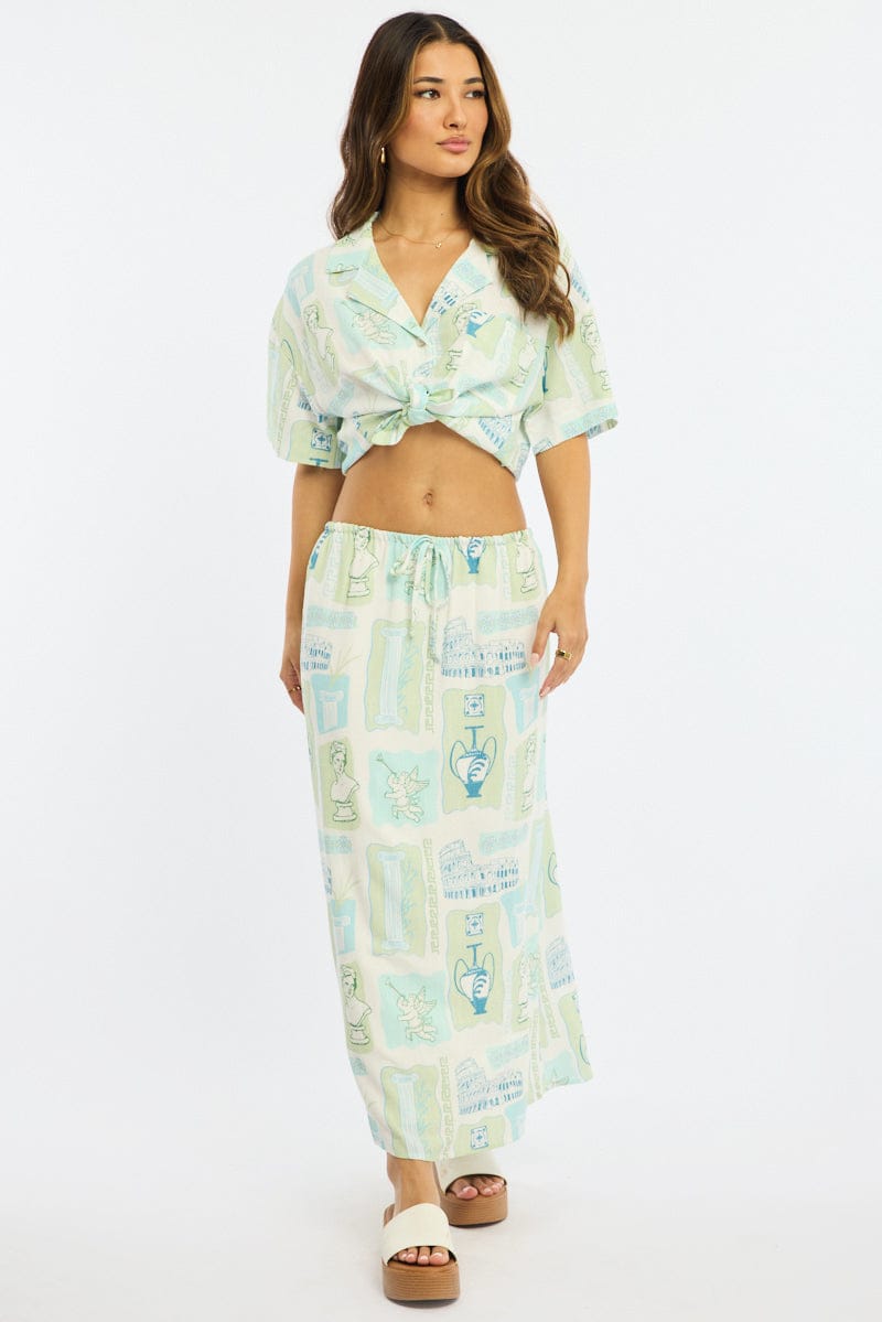 Green Abstract Midaxi Skirt Relaxed Fit Elastic Waist for Ally Fashion