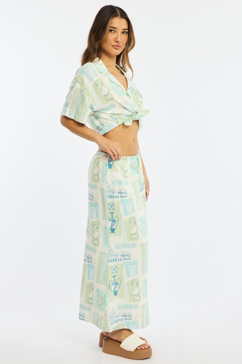 Green Abstract Midaxi Skirt Relaxed Fit Elastic Waist for Ally Fashion