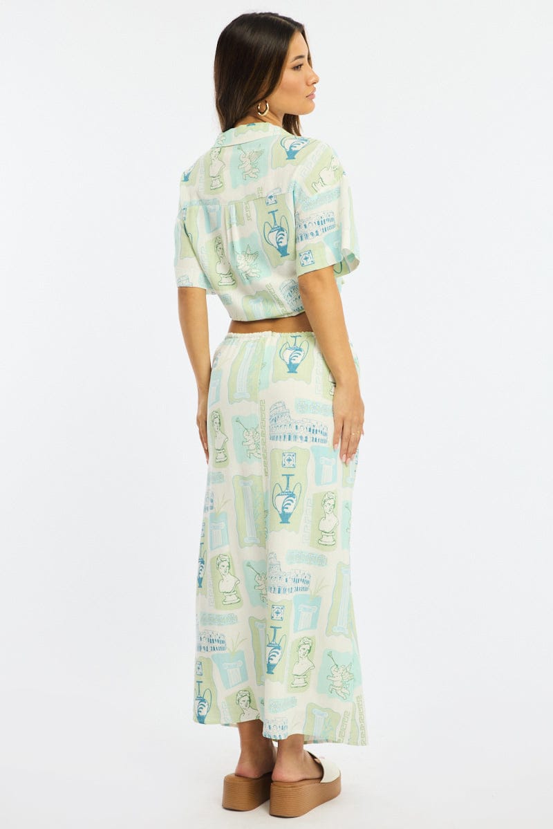 Green Abstract Midaxi Skirt Relaxed Fit Elastic Waist for Ally Fashion