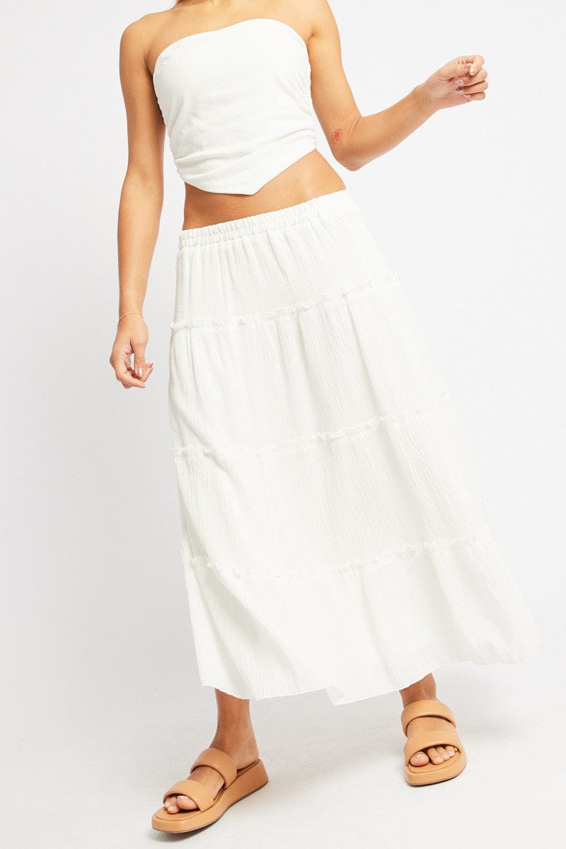 White Midi Skirt Tiered High Rise Lined for Ally Fashion