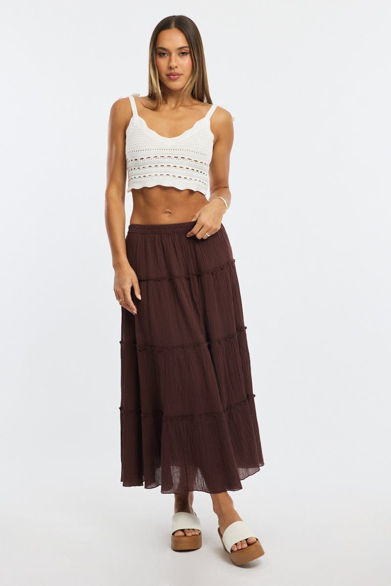 Brown Midi Skirt Tiered High Rise Lined for Ally Fashion