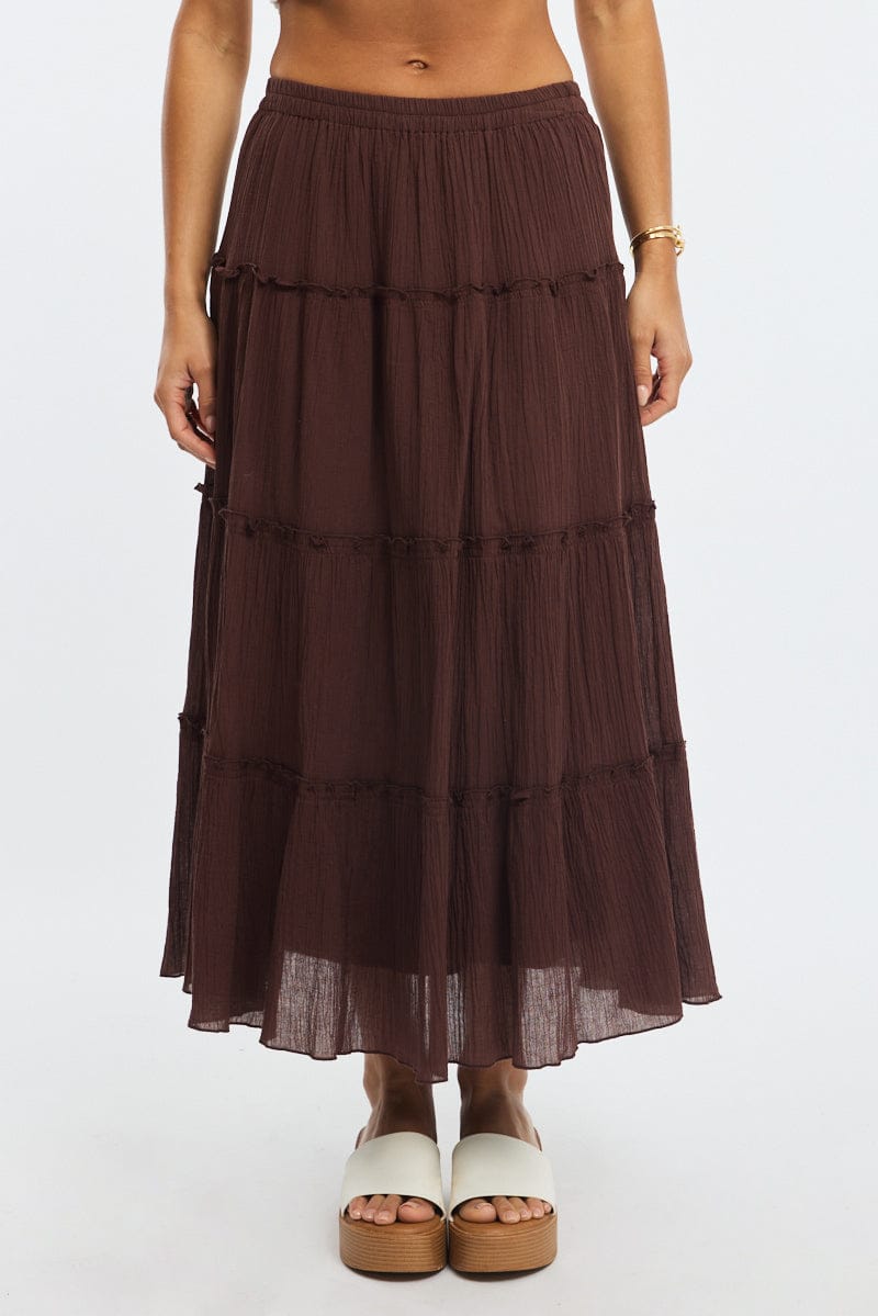 Brown Midi Skirt Tiered High Rise Lined for Ally Fashion