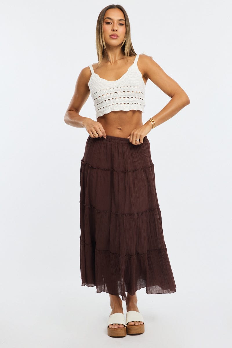 Brown Midi Skirt Tiered High Rise Lined for Ally Fashion