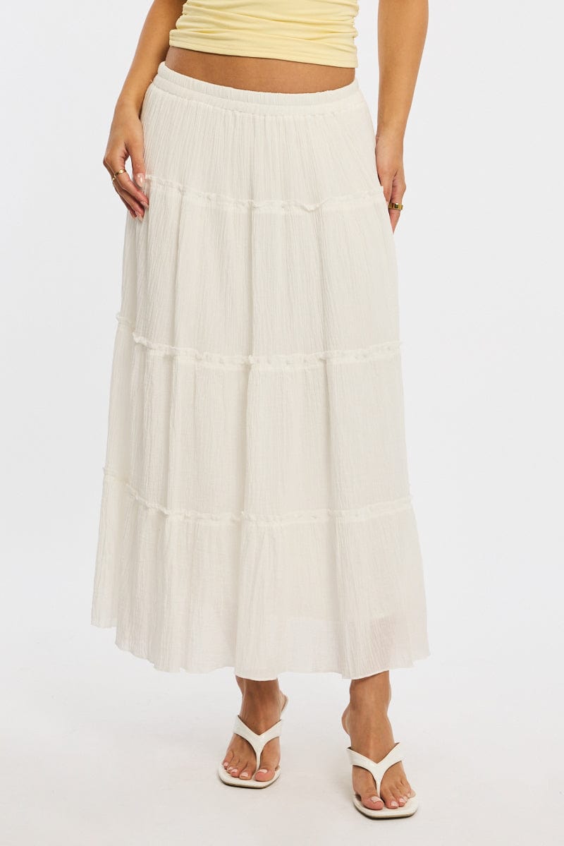 White Midi Skirt Tiered High Rise Lined for Ally Fashion