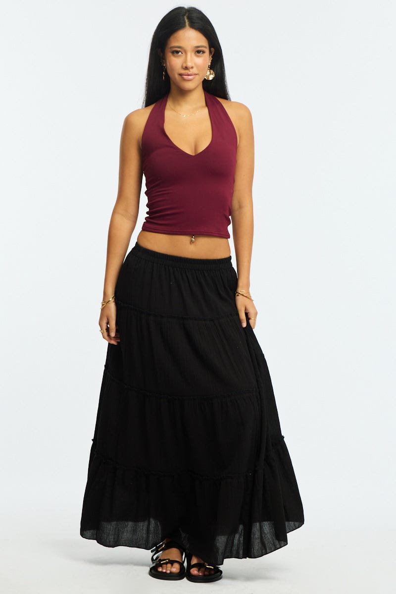Black Midi Skirt Tiered High Rise Lined Textured Cotton for Ally Fashion