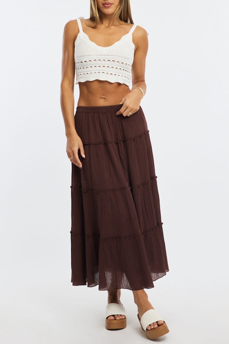 Brown Midi Skirt Tiered Elastic Waist Textured Cotton for Ally Fashion