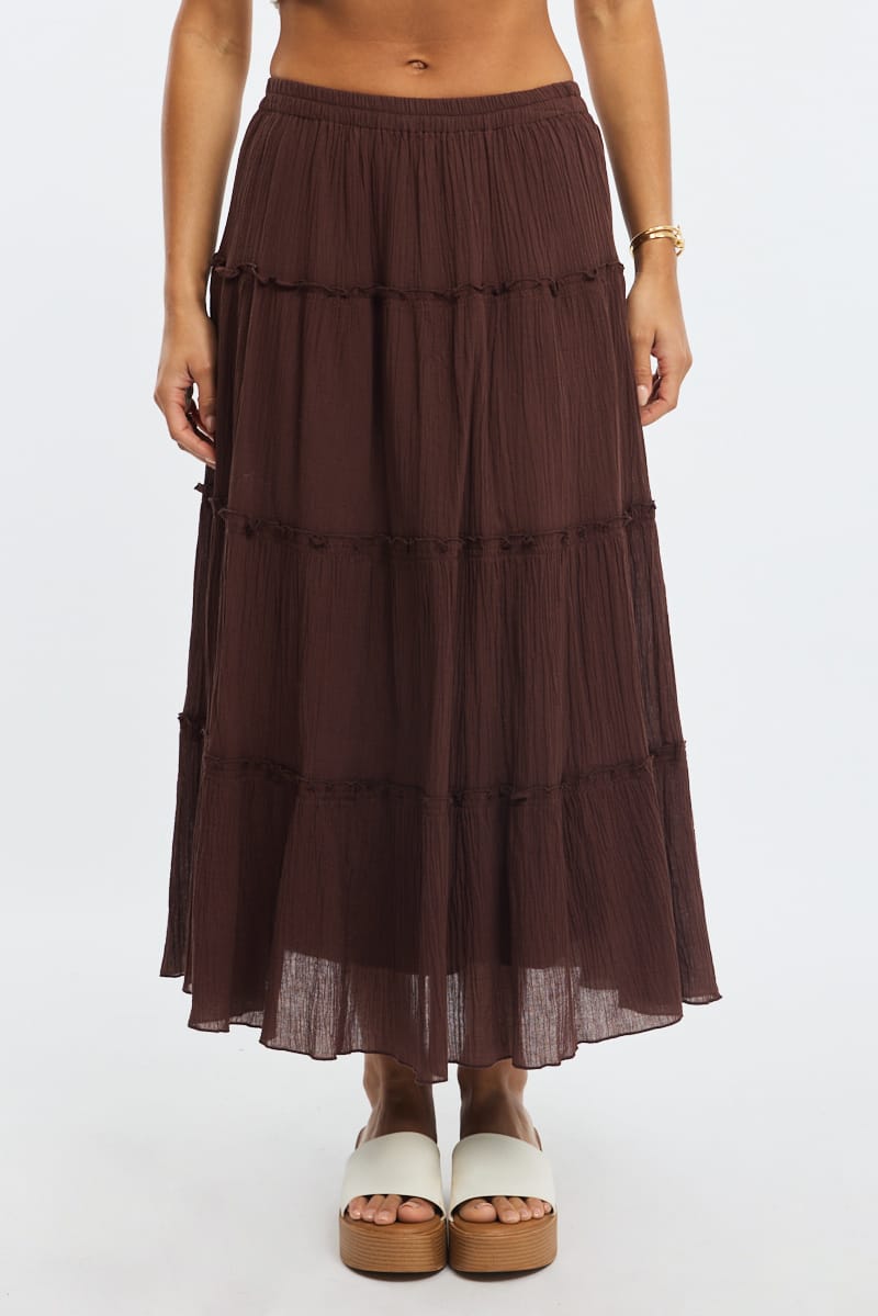 Brown Midi Skirt Tiered Elastic Waist Textured Cotton for Ally Fashion