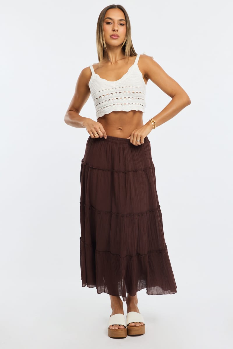 Brown Midi Skirt Tiered Elastic Waist Textured Cotton for Ally Fashion
