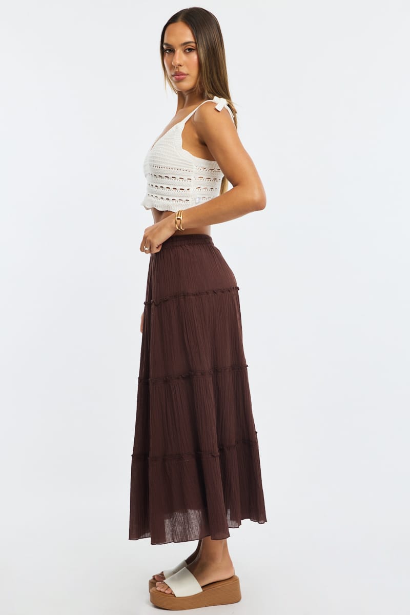 Brown Midi Skirt Tiered Elastic Waist Textured Cotton for Ally Fashion