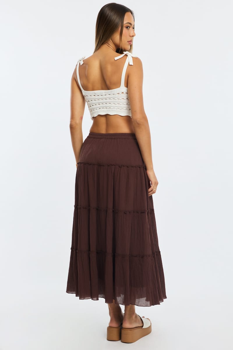 Brown Midi Skirt Tiered Elastic Waist Textured Cotton for Ally Fashion