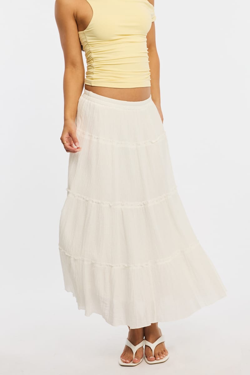 White Midi Skirt Tiered Elastic Waist Textured Cotton for Ally Fashion