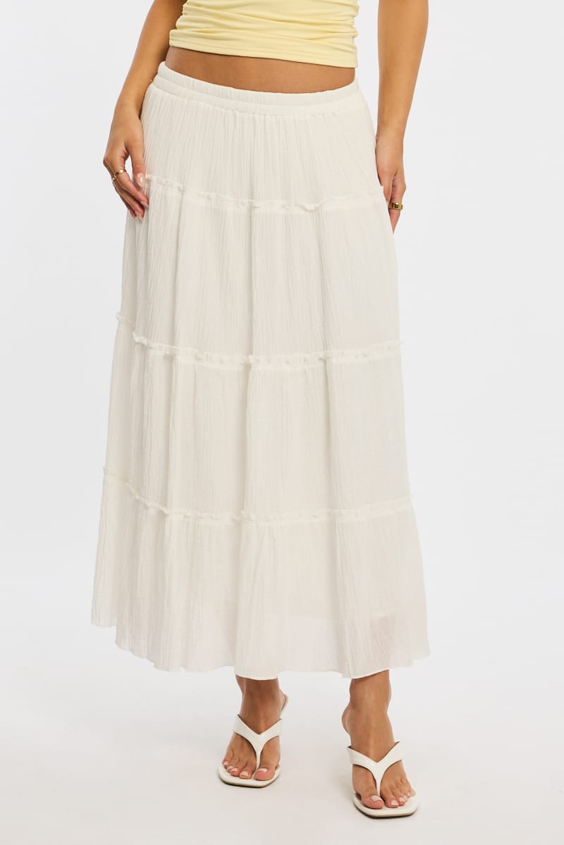 White Midi Skirt Tiered Elastic Waist Textured Cotton for Ally Fashion