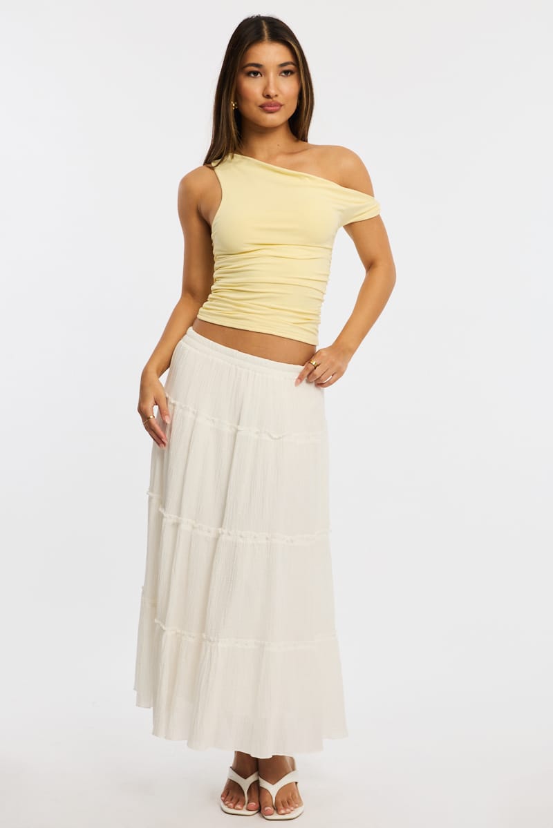White Midi Skirt Tiered Elastic Waist Textured Cotton for Ally Fashion