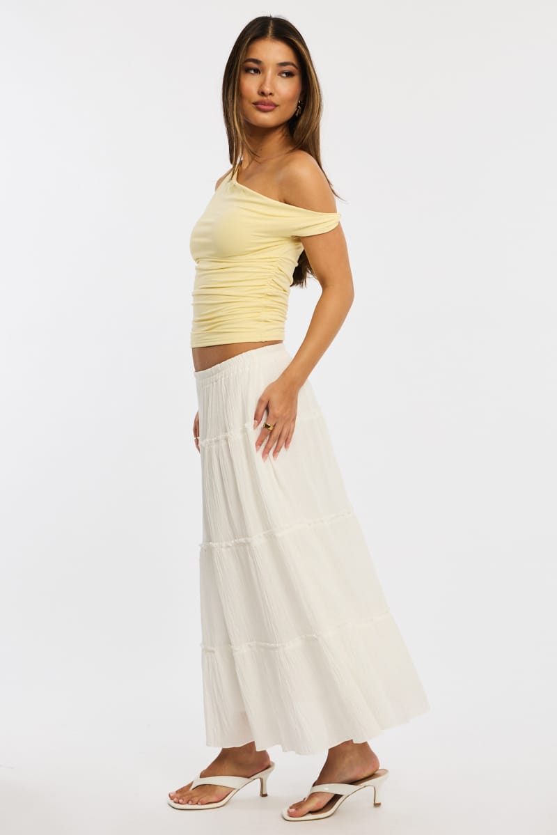 White Midi Skirt Tiered Elastic Waist Textured Cotton for Ally Fashion
