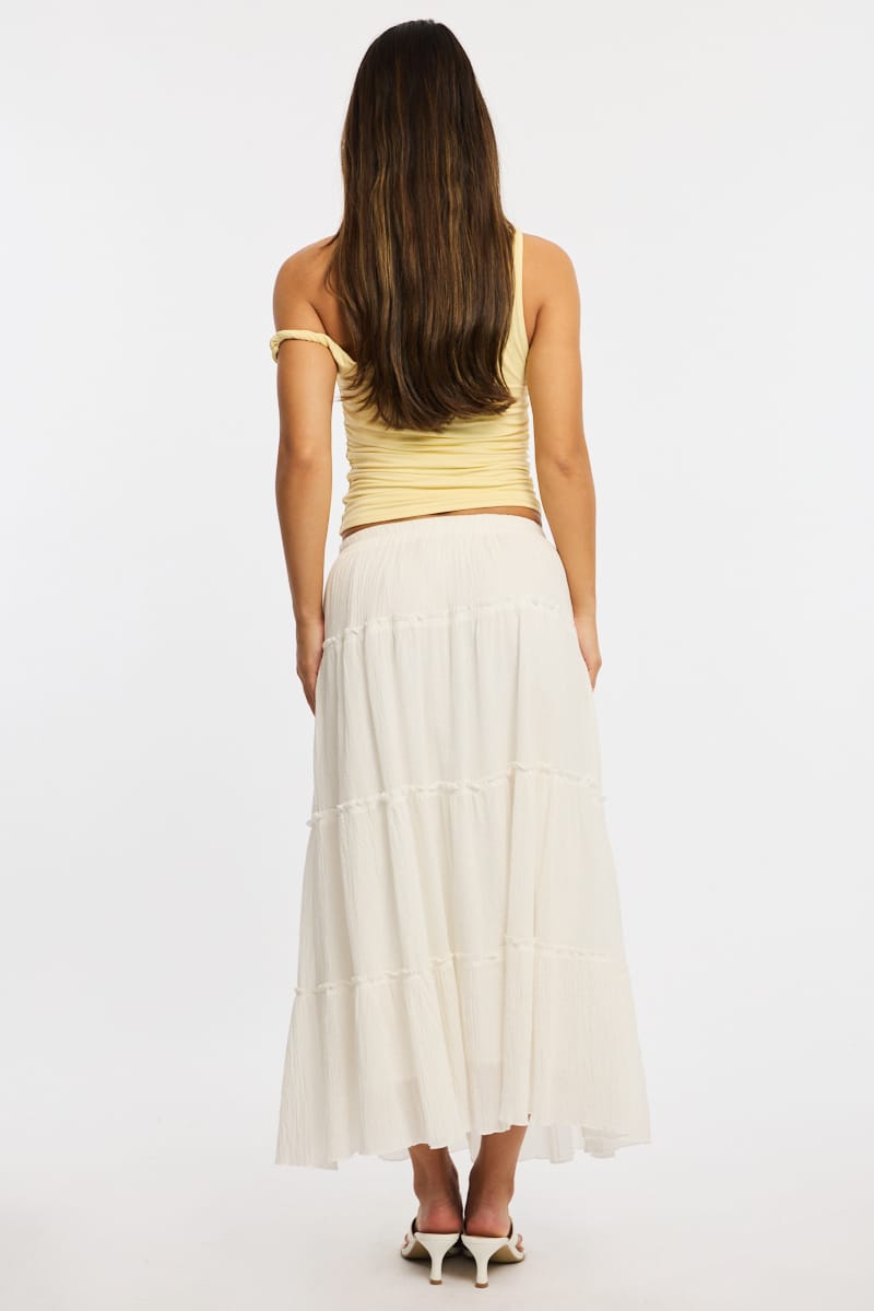 White Midi Skirt Tiered Elastic Waist Textured Cotton for Ally Fashion