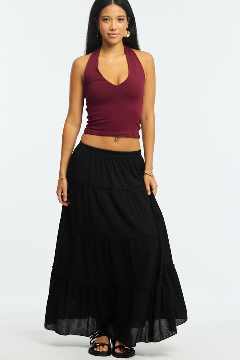 Black Midi Skirt Tiered Elastic Waist Textured Cotton for Ally Fashion