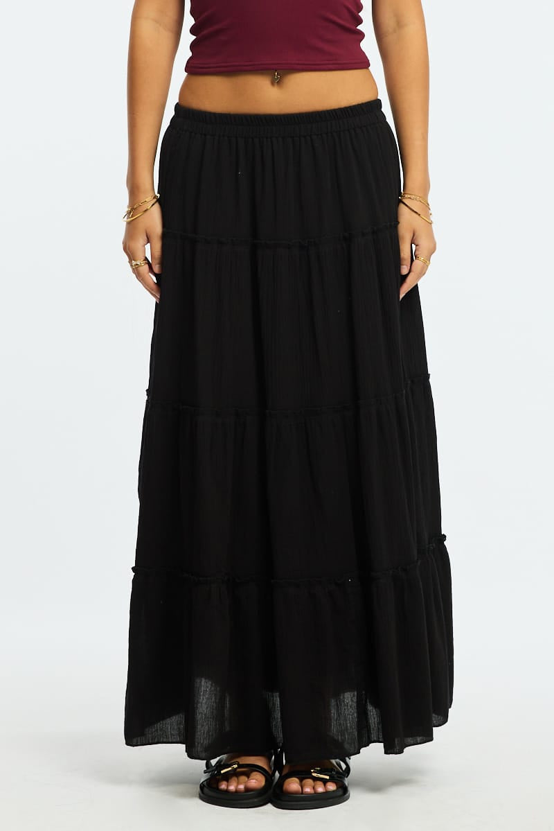 Black Midi Skirt Tiered Elastic Waist Textured Cotton for Ally Fashion
