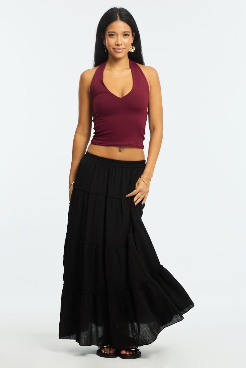 Black Midi Skirt Tiered Elastic Waist Textured Cotton for Ally Fashion