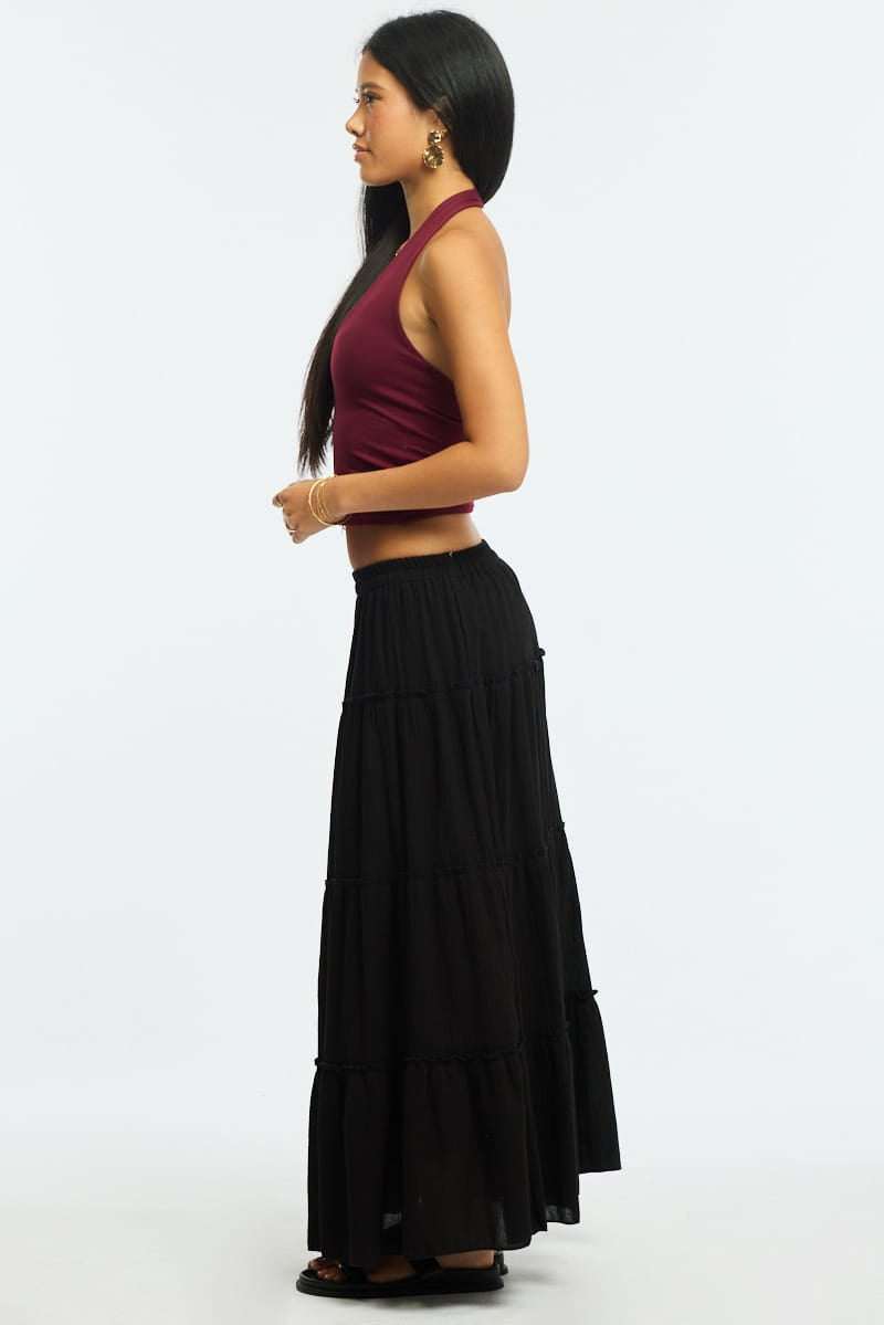 Black Midi Skirt Tiered Elastic Waist Textured Cotton for Ally Fashion