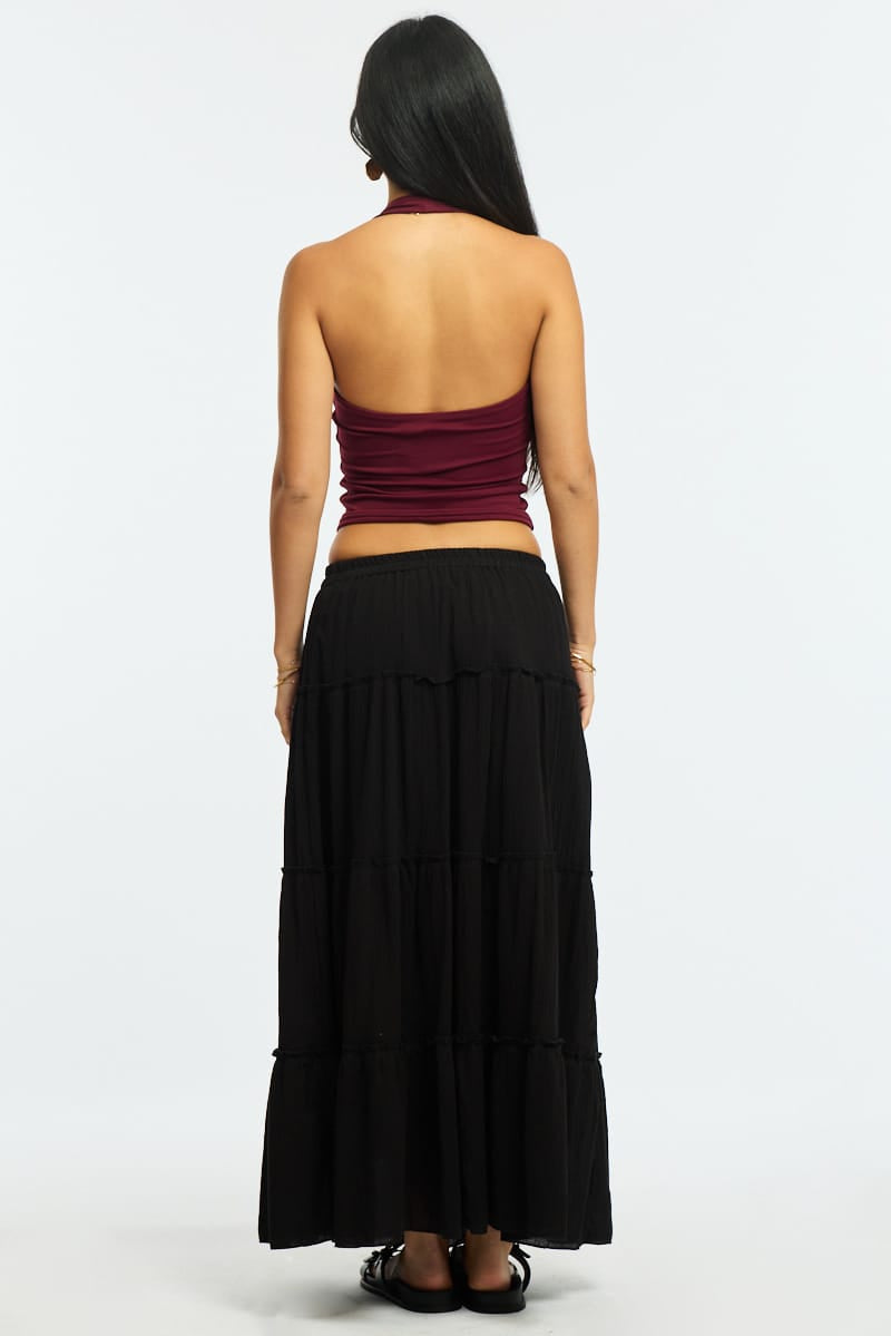 Black Midi Skirt Tiered Elastic Waist Textured Cotton for Ally Fashion